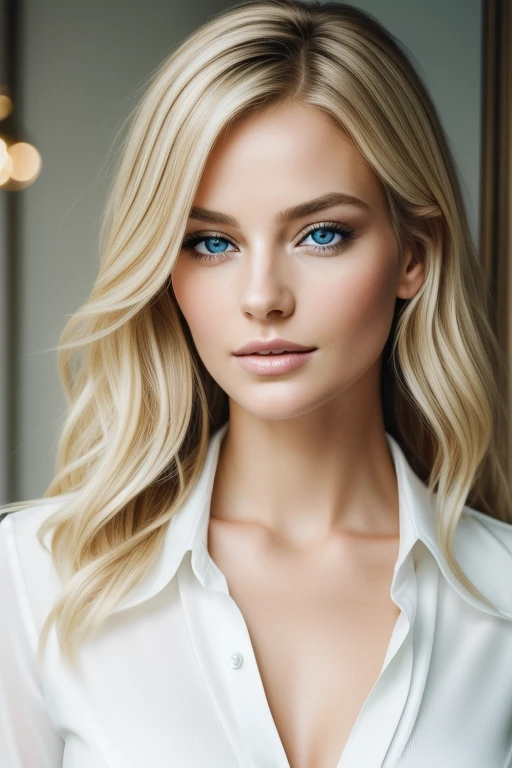 A real image of a European woman, age 35, with messy hair and blonde highlights, boasts beautiful blue eyes and an exquisite face. Dressed formally in a white shirt with an open collar, the high quality image captures every intricate detail of her corporeal form.

Her eyes radiate charm and allure, as the image showcases their natural beauty and captivating depth. The image presents a clear, sharp focus, bringing every pore and texture of her skin to life. The blonde highlights catch the light, adding a luminous glow to her disheveled yet alluring hair. This stunning portrait conveys the elegance and sophistication of a woman at