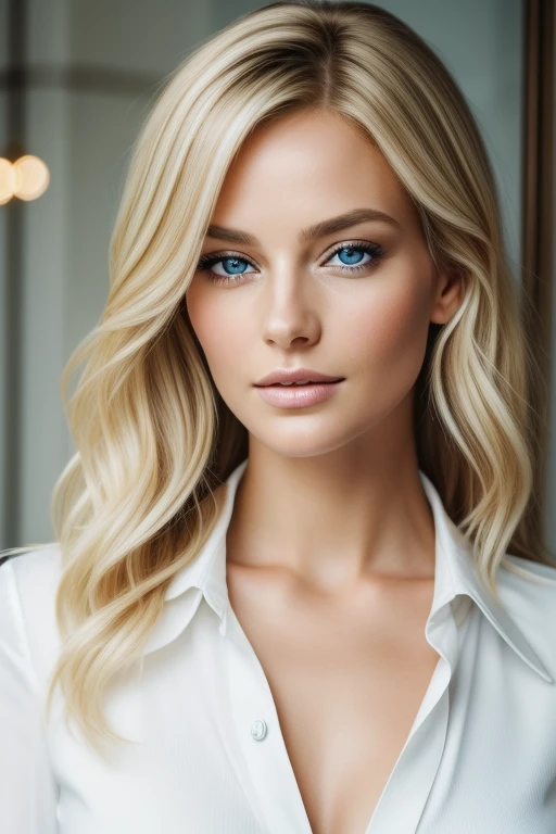 A real image of a European woman, age 35, with messy hair and blonde highlights, boasts beautiful blue eyes and an exquisite face. Dressed formally in a white shirt with an open collar, the high quality image captures every intricate detail of her corporeal form.
Her eyes radiate charm and allure, as the image showcases their natural beauty and captivating depth. The image presents a clear, sharp focus, bringing every pore and texture of her skin to life. The blonde highlights catch the light, adding a luminous glow to her disheveled yet alluring hair. This stunning portrait conveys the elegance and sophistication of a woman at