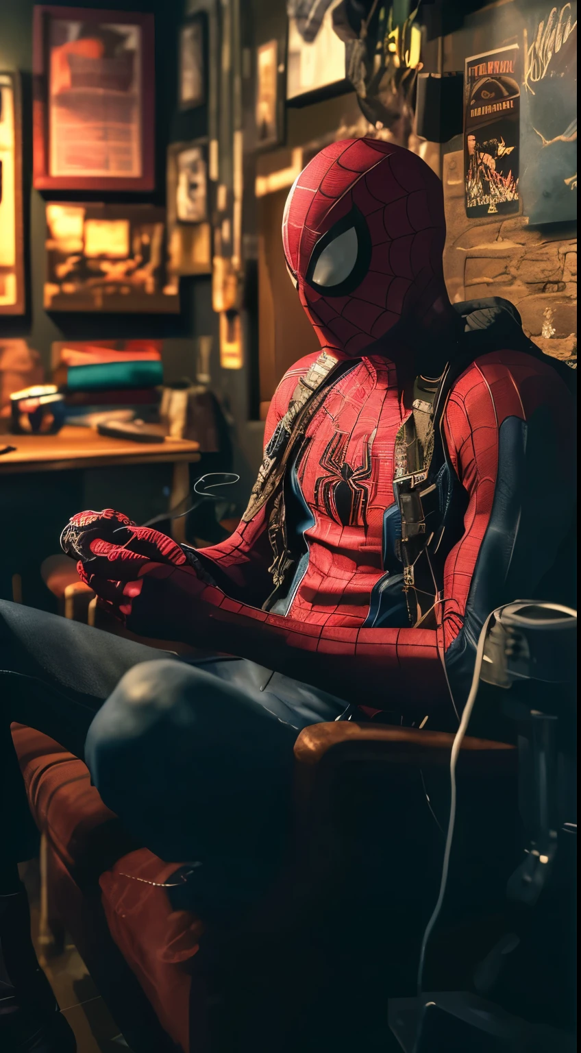 Spider-Man sitting on a sofa with a game controller in his hand, Peter Parker, Spider-Man, Spider-Man, Peter Parker as Spider-Man, cinematic PS5 screenshot, relaxing after a hard day, highly detailed Spider-Man , portrait , futuristic style spider man, spider man, mcu style, spider man portrait, spider sitting on the chair, soft and detailed colors, 8k
