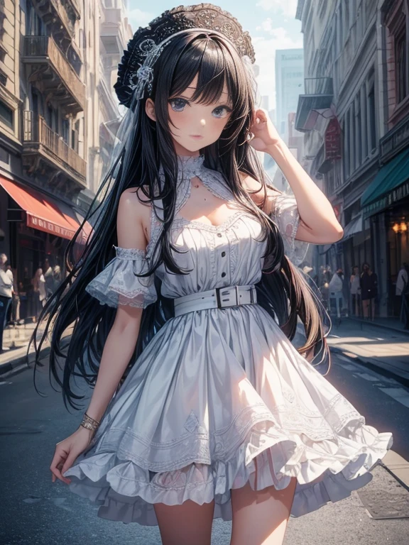 Q version of the character, 1 girl, long hair, off-the-shoulders, kawaii, , black skirt, front view, facing the camera --auto --s2