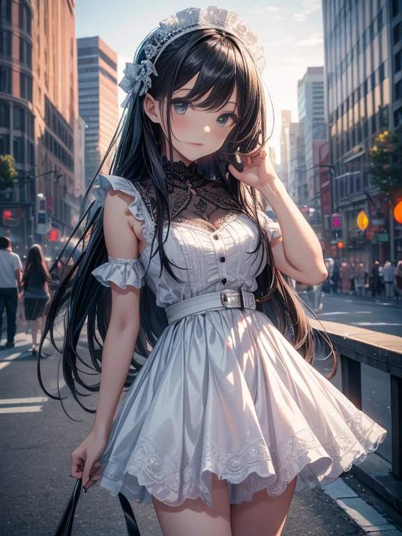 masterpiece++, best quality++, ultra-detailed+, extremely detailed++, 4K, 8K+, best quality, beautiful+, anime style,1person,full body image,summer,citypark,white lacefrill mini slipdress,narrow leather belt bound waist,beautiful straight black hair,beautiful black eyes, beautiful eyes++,long straight hair