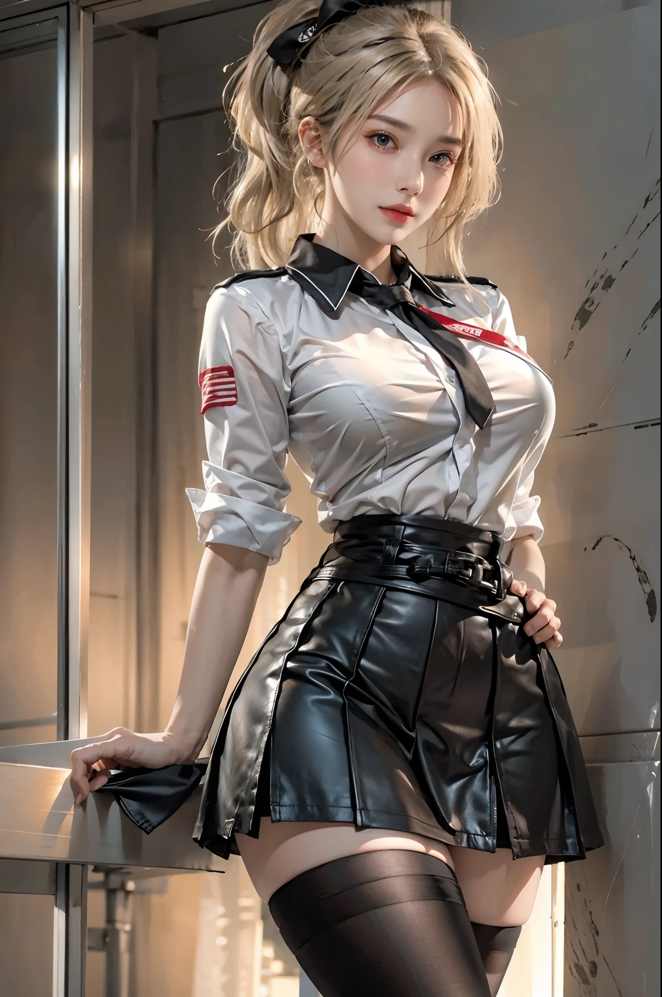 realistic, High resolution, soft light,1 female, alone, hip up, glowing skin, (detailed face),tattoo, jewelry, Secretarial Uniform, white shirt, black skirt, black stockings, garter belt, night, blonde hair, wavy hair, Beautiful Soldier, Eyes that invite the viewer, lover&#39;s perspective, an inviting look, sexy smile, perfect style, perfect balance, fine skin, naughty look, I can see your chest