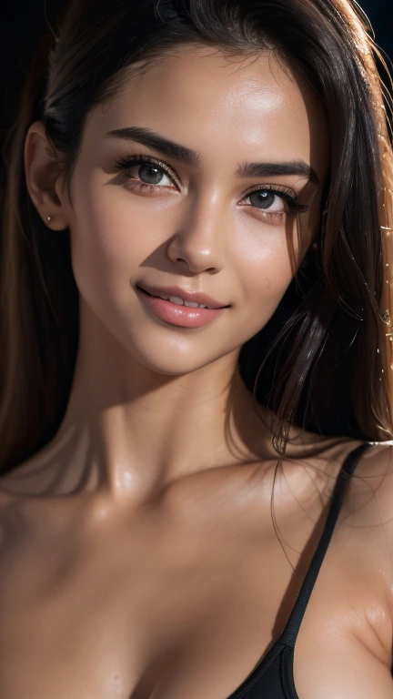 Bella Sanchez, Belle jeune fille, Super nice facial detail, smile, (beaux seins), slim body, yoga pants, doing yoga, sportswear, (clivage), (visage fin:1.2), High quality, Realistic, Very detailed, High definition, RAW color photo, ((Realistic full-body photo)), natural light, Beautiful Detailed, super detail, High Details, at the gym, (sportsroom background), sweaty, ((in the pitch black darkness :1.4)),(background: dark ) high contrast ,glorious picture, lowest lux, lighting face, she's comfortable, looks incredible, (8k, Raw photo, Highest quality),(epic realistic:1.5), (detailed eyes:0.8),(looking at the camera:1.4), (Highest quality), ( high contrast, deep shadows),Intricate details,cinematic,((skin:1.4)), (long dark hair:1.3), long hair,Detailed, colors, Superior quality, Masterpiece, Raw Photo (20-year-old, looking at viewer), beautiful, perfect, natural, perfect composition, perfect face, smiling expression, Captivating eyes, Bright details, (High Skin Detail), (sale: 0.8), (bloody: 0.7), Key lighting , (backlight: 0.5), Medium depth of field, Canon 5d, 50mm lens, f/4 apertures, (Ultra-detailed, Complex detail), sharp focus, upper body picture