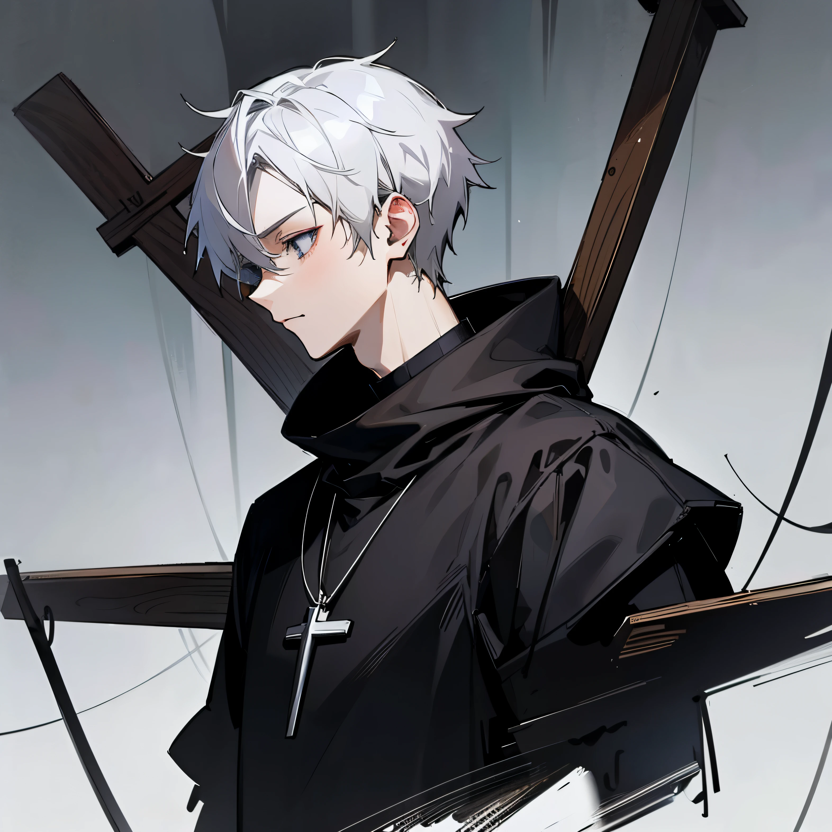 man wearing a black hoodie and a crucifix necklace around his neck digital art manga sketch