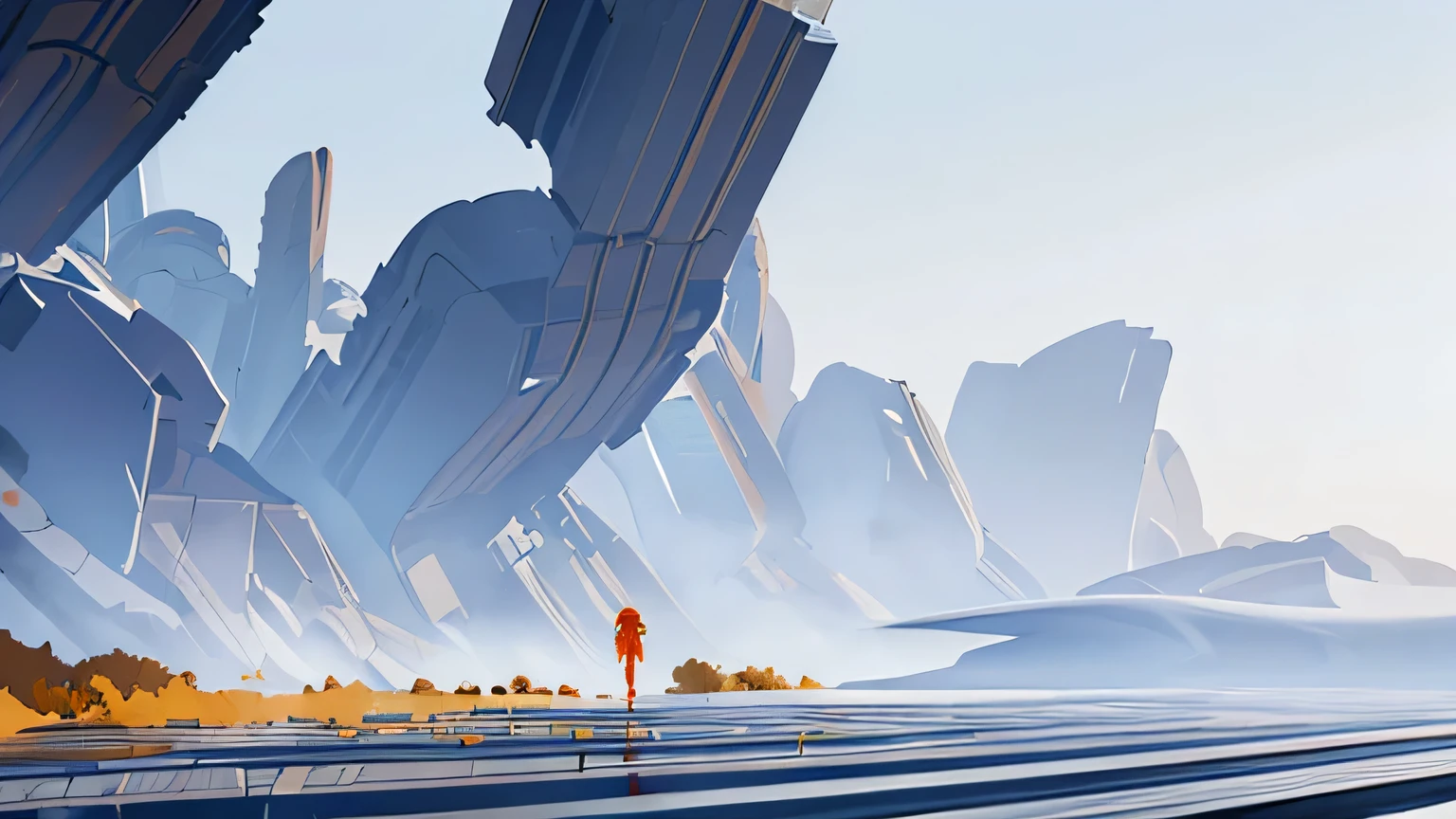 a futuristic scenery is seen in the distance with some flying vehicles in the far distance a glitchwave synesthesia cosmic road in the style of abstract gamercore tech and a samurai standing in the middle looking into the distance