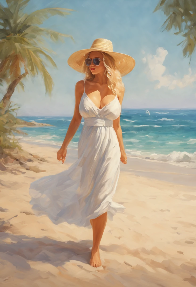(best quality,4k,8k,highres,masterpiece:1.2),ultra-detailed,(realistic,photorealistic,photo-realistic:1.37),photographic print,beautiful blonde woman,beach,crystal clear water,sandy shore,gentle waves,rays of sunlight,summer breeze,tropical paradise,serene ambiance,vibrant colors,playful expression,wind-blown hair,tanned skin,beach hat,sunglasses,flowing dress,rustling palm trees,picture-perfect moment,warm golden hour,soft and dreamy atmosphere,ethereal beauty,powerful yet gentle nature,sandy footprints,joyful laughter,swinging hammock,seashells collection,tranquil horizon,seagulls soaring,swimming in turquoise waters,paradisiacal escape,relaxation and rejuvenation,memorable beach vacation,irresistible charm,exquisite details,everlasting summer memories,perfectly captured emotions,seaside getaway,blissful paradise,beauty in simplicity,colorful beach towel,beach umbrella providing shade,endless horizon,peaceful seclusion,unfading beauty,serenity enveloping the scene,exquisite contrast between sky and sea.