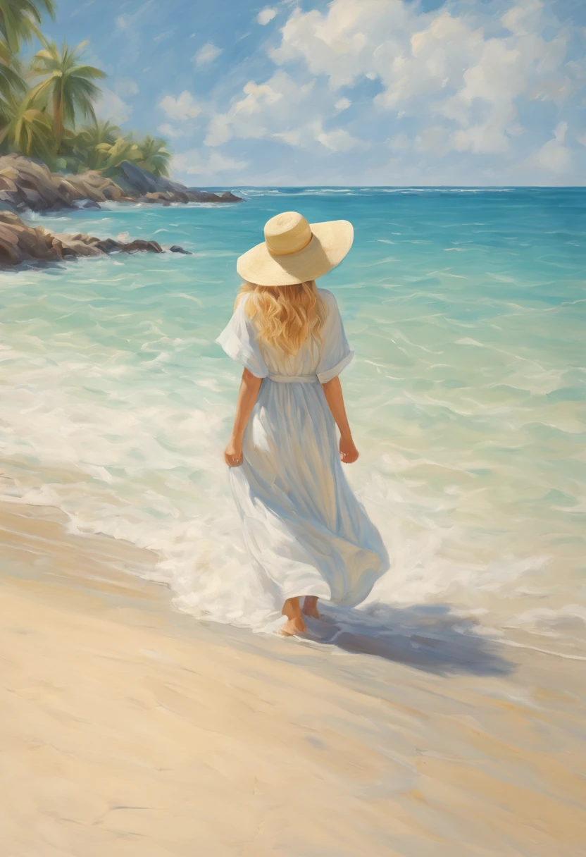 (best quality,4k,8k,highres,masterpiece:1.2),ultra-detailed,(realistic,photorealistic,photo-realistic:1.37),photographic print,beautiful blonde woman,beach,crystal clear water,sandy shore,gentle waves,rays of sunlight,summer breeze,tropical paradise,serene ambiance,vibrant colors,playful expression,wind-blown hair,tanned skin,beach hat,sunglasses,flowing dress,rustling palm trees,picture-perfect moment,warm golden hour,soft and dreamy atmosphere,ethereal beauty,powerful yet gentle nature,sandy footprints,joyful laughter,swinging hammock,seashells collection,tranquil horizon,seagulls soaring,swimming in turquoise waters,paradisiacal escape,relaxation and rejuvenation,memorable beach vacation,irresistible charm,exquisite details,everlasting summer memories,perfectly captured emotions,seaside getaway,blissful paradise,beauty in simplicity,colorful beach towel,beach umbrella providing shade,endless horizon,peaceful seclusion,unfading beauty,serenity enveloping the scene,exquisite contrast between sky and sea.