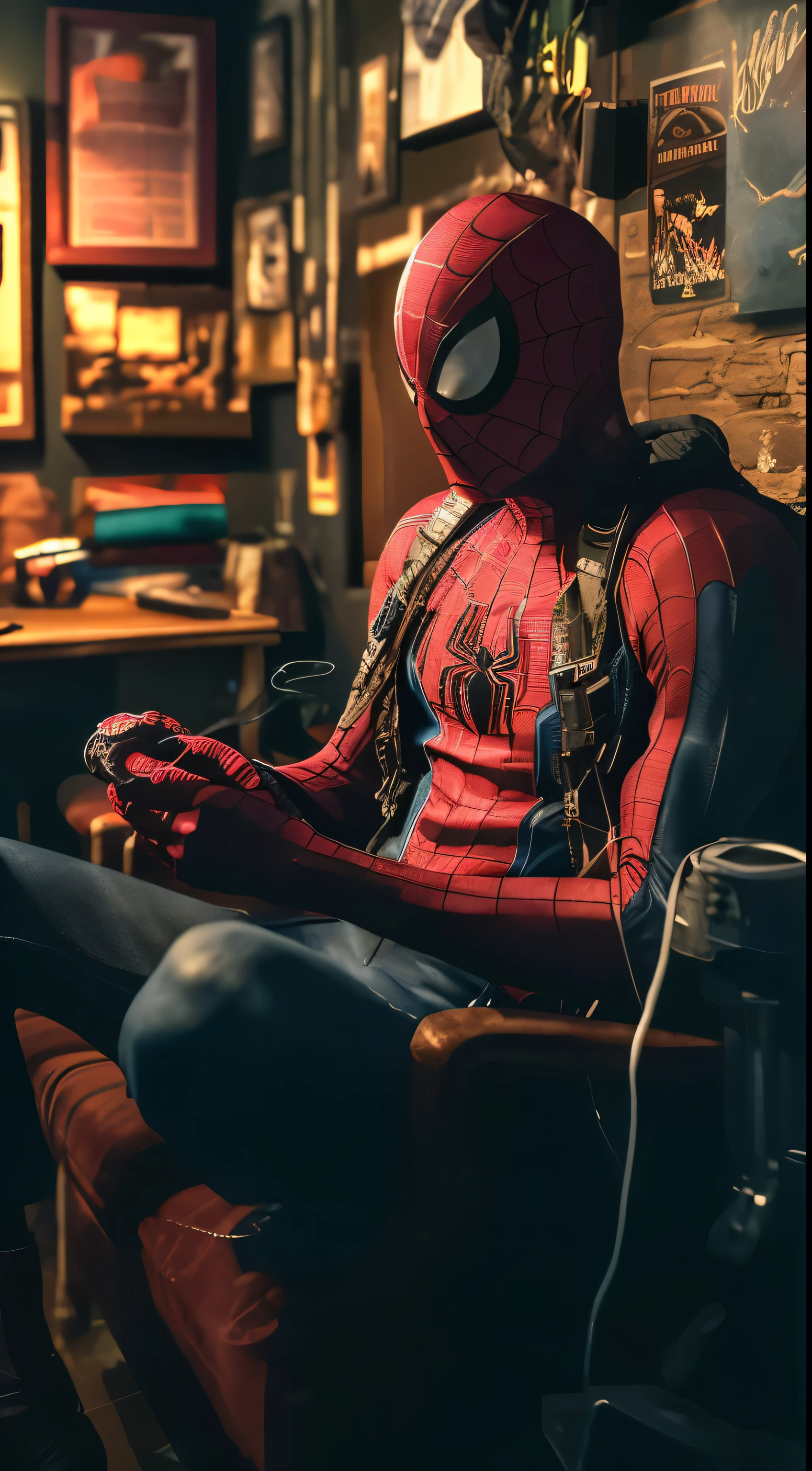 Spider-Man sitting on a sofa with a game controller in his hand, Peter Parker, Spider-Man, Spider-Man, Peter Parker as Spider-Man, cinematic PS5 screenshot, relaxing after a hard day, highly detailed Spider-Man , portrait , futuristic style spider man, spider man, mcu style, spider man portrait, spider sitting on the chair, soft and detailed colors, 8k