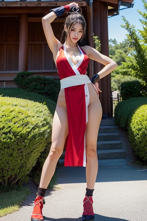 (mai shiranui:1.5), (tabi:1.5), (Full body portrait:1.5), (Realism), (master piece:1.5), (Best Quality), (ultra-detailliert), (8K, 4K, Convoluted), (Flat Lighting:1.2), (skinny), Prestige, Brown eyes, Long hair, brown eyes, long hair, brown hair, white ribbon, sleeveless, ponytail, sash, pelvic curtain, arm guards, gloves, tabi, fascinated expression, Sexy eyes, slim, medium breasts, Smile, Cute, view the viewer, Long hair, Close to Japan temple, (breasts focus:1.2), (Realistic:1.2), light Particle, Lighting, (Highly detailed:1.2), (Detailed face:1.2), (gradients), SFV, Colorful, (Detailed eyes:1.2), Detailed temples of Japan, Detailed background, (Dynamic Angle:1.2), Dynamic Pose, (Line of action:1.2), Wide Shot, Daylight, Solo.