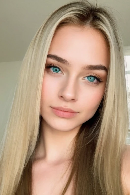 There is a woman staring at the camera for an ID photo with her hair sitting behind both ears, She is a young woman of 18 years old blonde highlights, green eyes, pronounced cheekbones, refined face and nose, pale skin and big eyes, full lips, she is in a simple room, sexy gestures