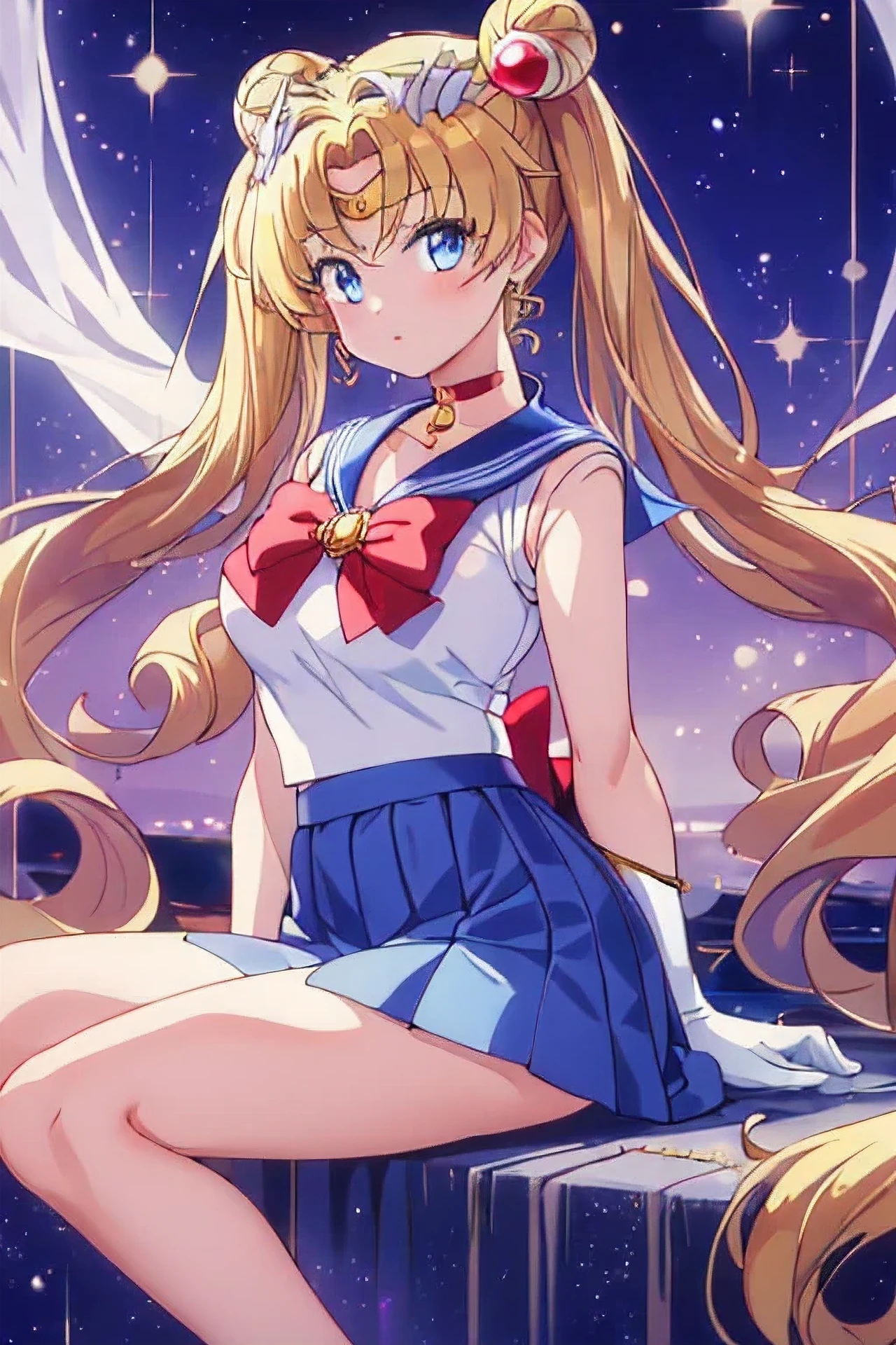masterpiece, best quality, high resolution, 1 girl, solo, sailor senshi uniform, SMMoon, 1990s \(style\), blonde hair, magical girl, blue eyes, blue skirt, elbow-length gloves, tiara, pleated skirt , blue sailor necklace, miniskirt, choker, blue choker, white gloves, very long hair, jewelry, earrings, sitting, legs crossed, very sexy. CROSING LEGS, SHOW BOOTY