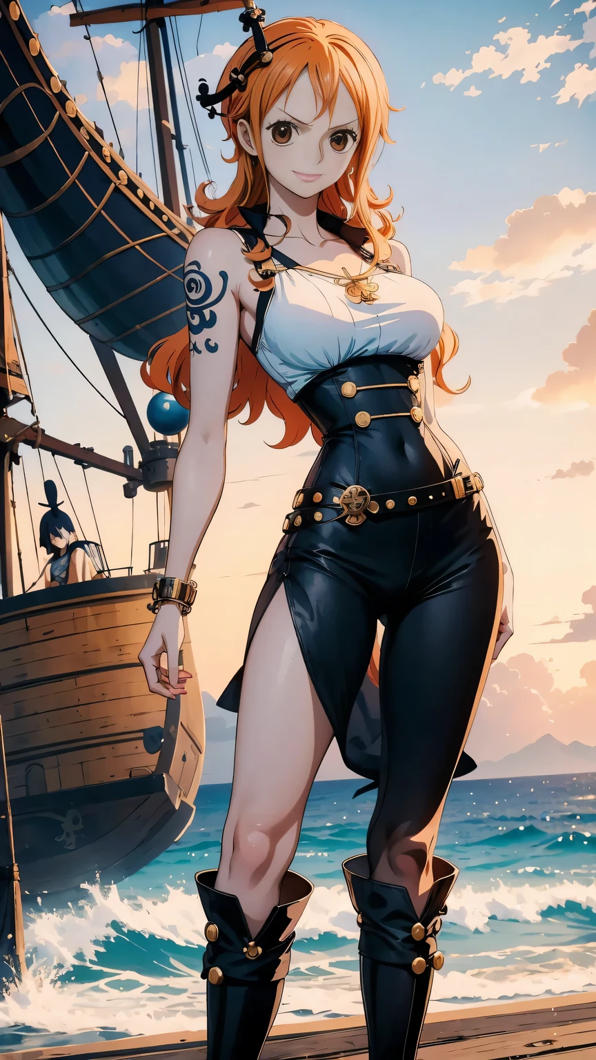 generate anime style nami onepiece one piece, com cabelos longos laranjados e amarrados, olhos perfeitos e detalhados, seios grandes e decotados, beautiful legs wearing black boots standing on pirate ship. The image features high definition 4k HDR resolution.