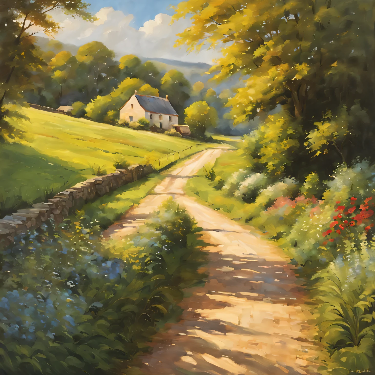 (best quality,realistic,highres:1.2),soft toned, oil painting,vivid colors,realistic countryside,fine brushwork,peaceful scene,detailed houses and trees,scenic countryside road,sunlit fields,tranquil atmosphere,artistic style,warm sunlight,lush greenery,rustic charm,homely cottages,serene landscape,subtle shadows,impressionistic strokes,beautifully textured buildings,bucolic setting,calm and quiet ambiance,subdued color palette,soft light and shadows,immaculate details,serenity captured,classic rural scenery,gorgeous countryside,harmonious composition,expressive brushwork,joyful and vibrant countryside,authentic and charming,meticulously painted textures,inviting and idyllic,romantic rural retreat,perfectly blended colors,peaceful and untouched nature,profound sense of nostalgia,invigorating and soothing,picturesque and dreamy,locals enjoying a leisurely life,timeless beauty,harmony between nature and human,tranquility and simplicity.