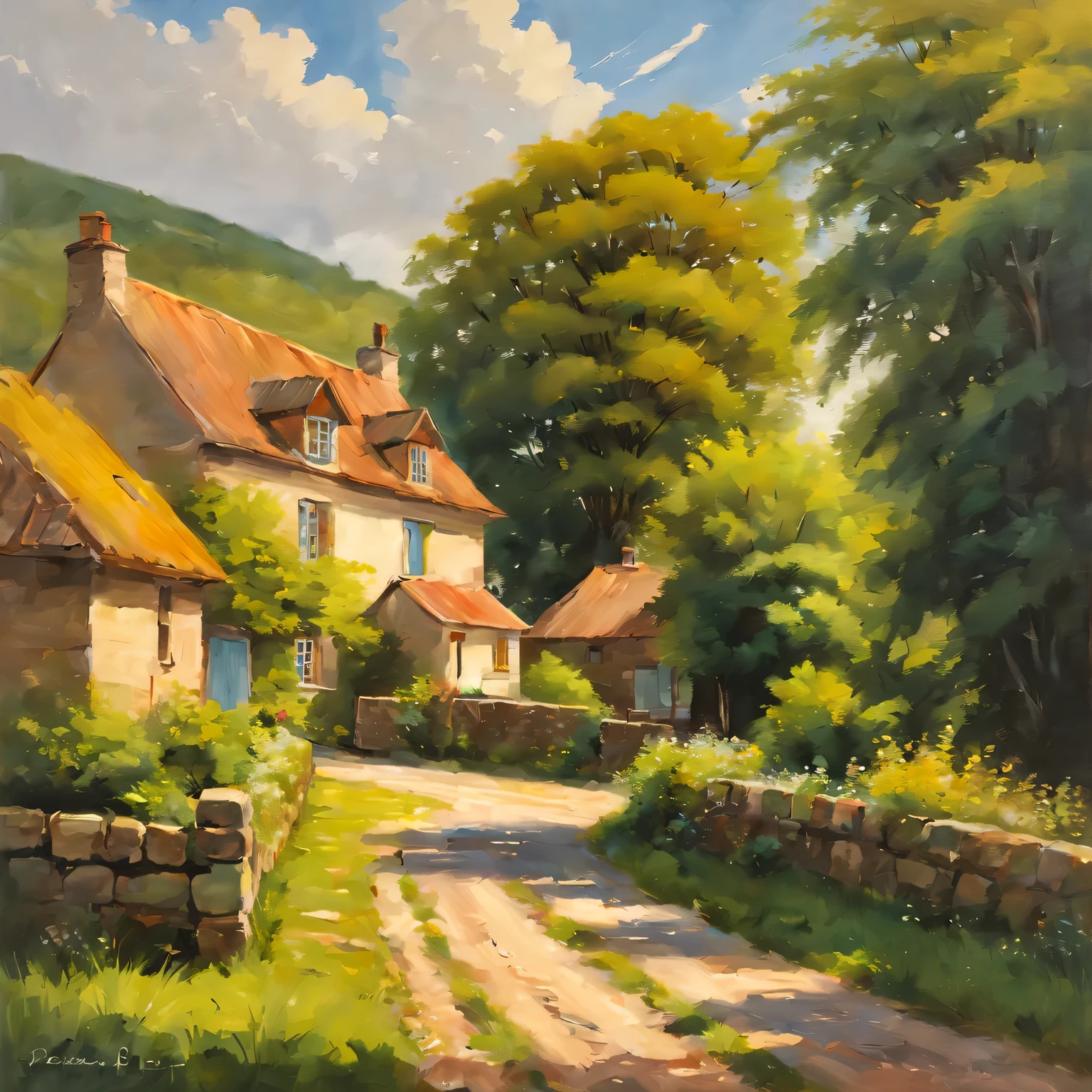 (best quality,realistic,highres:1.2),soft toned, oil painting,vivid colors,realistic countryside,fine brushwork,peaceful scene,detailed houses and trees,scenic countryside road,sunlit fields,tranquil atmosphere,artistic style,warm sunlight,lush greenery,rustic charm,homely cottages,serene landscape,subtle shadows,impressionistic strokes,beautifully textured buildings,bucolic setting,calm and quiet ambiance,subdued color palette,soft light and shadows,immaculate details,serenity captured,classic rural scenery,gorgeous countryside,harmonious composition,expressive brushwork,joyful and vibrant countryside,authentic and charming,meticulously painted textures,inviting and idyllic,romantic rural retreat,perfectly blended colors,peaceful and untouched nature,profound sense of nostalgia,invigorating and soothing,picturesque and dreamy,locals enjoying a leisurely life,timeless beauty,harmony between nature and human,tranquility and simplicity.