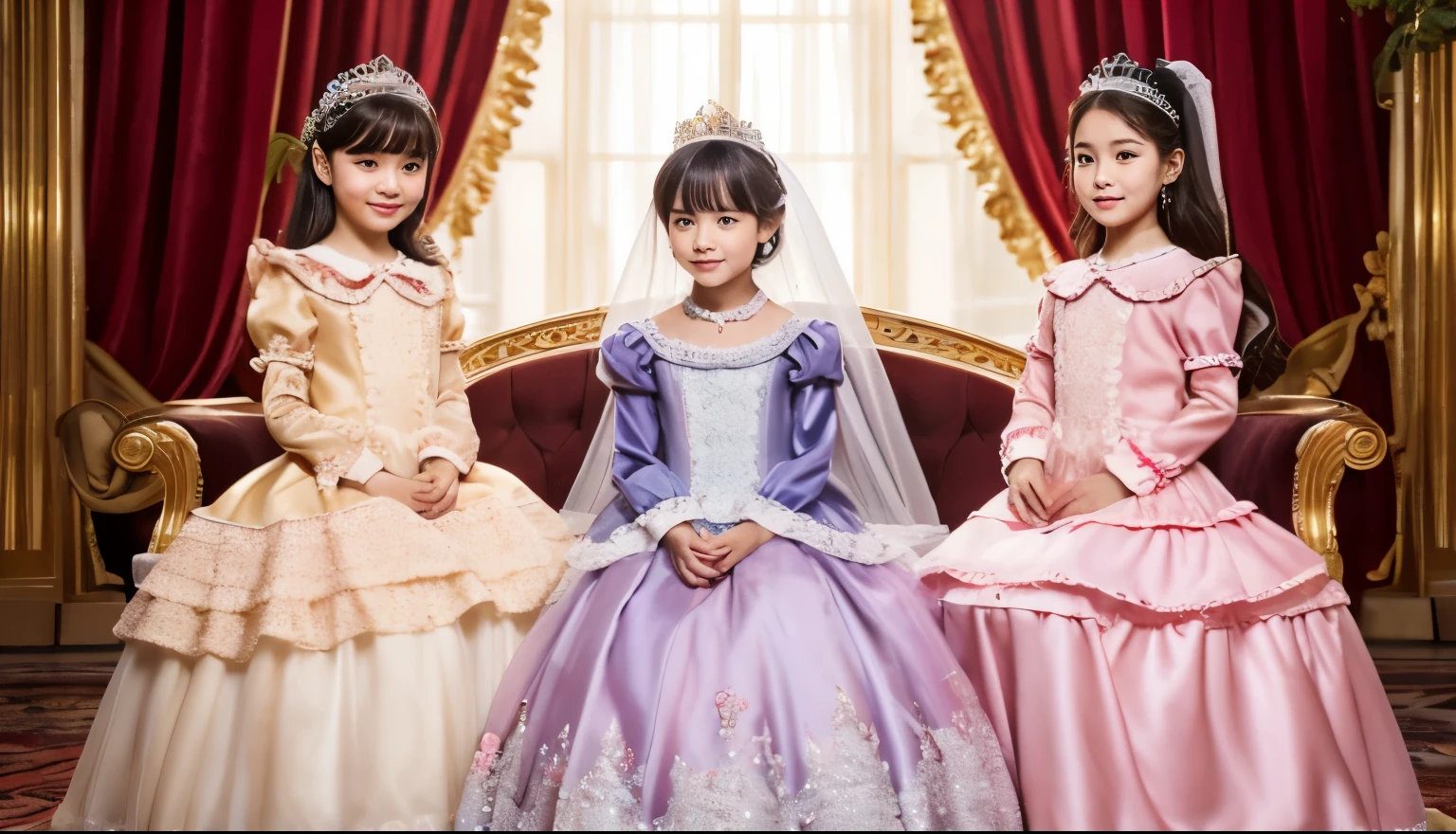 highest quality, masterpiece, highest resolution, artwork, super be familiar with, many detailed, detailed, be familiar with, children girls,(),girls are princesses,Everyone wears a tiara on their head,All are wearing pink Victorian dresses with voluminous, full-length hoop skirts.,long sleeve,long dress,Dress with lots of frills and ribbons,luxury,inside the palace,satin fabric dress,