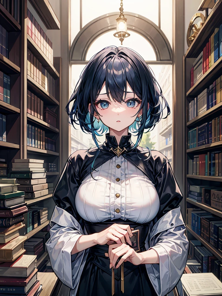 (((masterpiece、Highest image quality、highest quality、highly detailed unity 8kwallpaper)))、((Illustration of one girl、upper body))、(((beautiful girl)))、(librarian)、((blue hair、freckles))、(stocky build, thickset physique:1.3, broad shoulders, solid chest)、big breasts、librarian服、great medieval library
