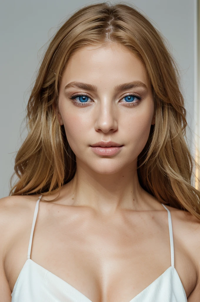 A real image of a European woman, age 35, with messy hair and blonde highlights, boasts beautiful blue eyes and an exquisite face. Dressed formally in a white shirt with an open collar, the high quality image captures every intricate detail of her corporeal form. Her eyes radiate charm and allure, as the image showcases their natural beauty and captivating depth. The image presents a clear, sharp focus, bringing every pore and texture of her skin to life. The blonde highlights catch the light, adding a luminous glow to her disheveled yet alluring hair. This stunning 1:1 focus conveys the elegance and sophistication of a woman at