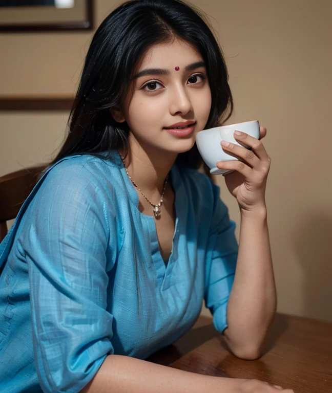 (((desi Indian girl))), chubby face and charming hair, natural skin (((highly detailed face and skin texture, 8k, ultrarealistic))), ((Masterpiece: 1.3, best quality, crisp focus)), fit girl, expensive room, gil wearing blue colour kurta, standing in a chair next to table, enjoying coffee, happy face, coffee cup on table