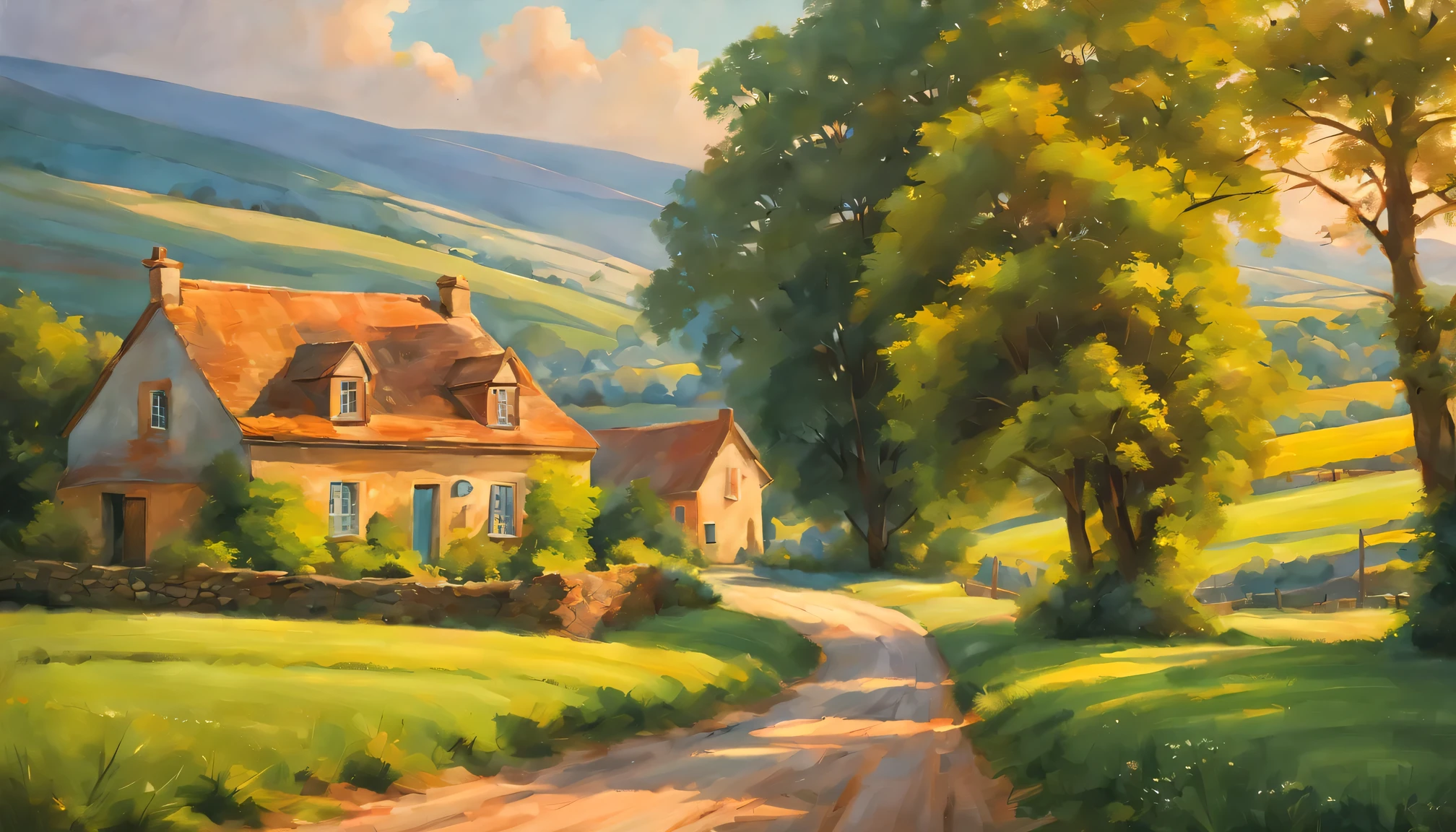 (best quality,realistic,highres:1.2),soft toned, oil painting,vivid colors,realistic countryside,fine brushwork,peaceful scene,detailed houses and trees,scenic countryside road,sunlit fields,tranquil atmosphere,artistic style,warm sunlight,lush greenery,rustic charm,homely cottages,serene landscape,subtle shadows,impressionistic strokes,beautifully textured buildings,bucolic setting,calm and quiet ambiance,subdued color palette,soft light and shadows,immaculate details,serenity captured,classic rural scenery,gorgeous countryside,harmonious composition,expressive brushwork,joyful and vibrant countryside,authentic and charming,meticulously painted textures,inviting and idyllic,romantic rural retreat,perfectly blended colors,peaceful and untouched nature,profound sense of nostalgia,invigorating and soothing,picturesque and dreamy,locals enjoying a leisurely life,timeless beauty,harmony between nature and human,tranquility and simplicity.