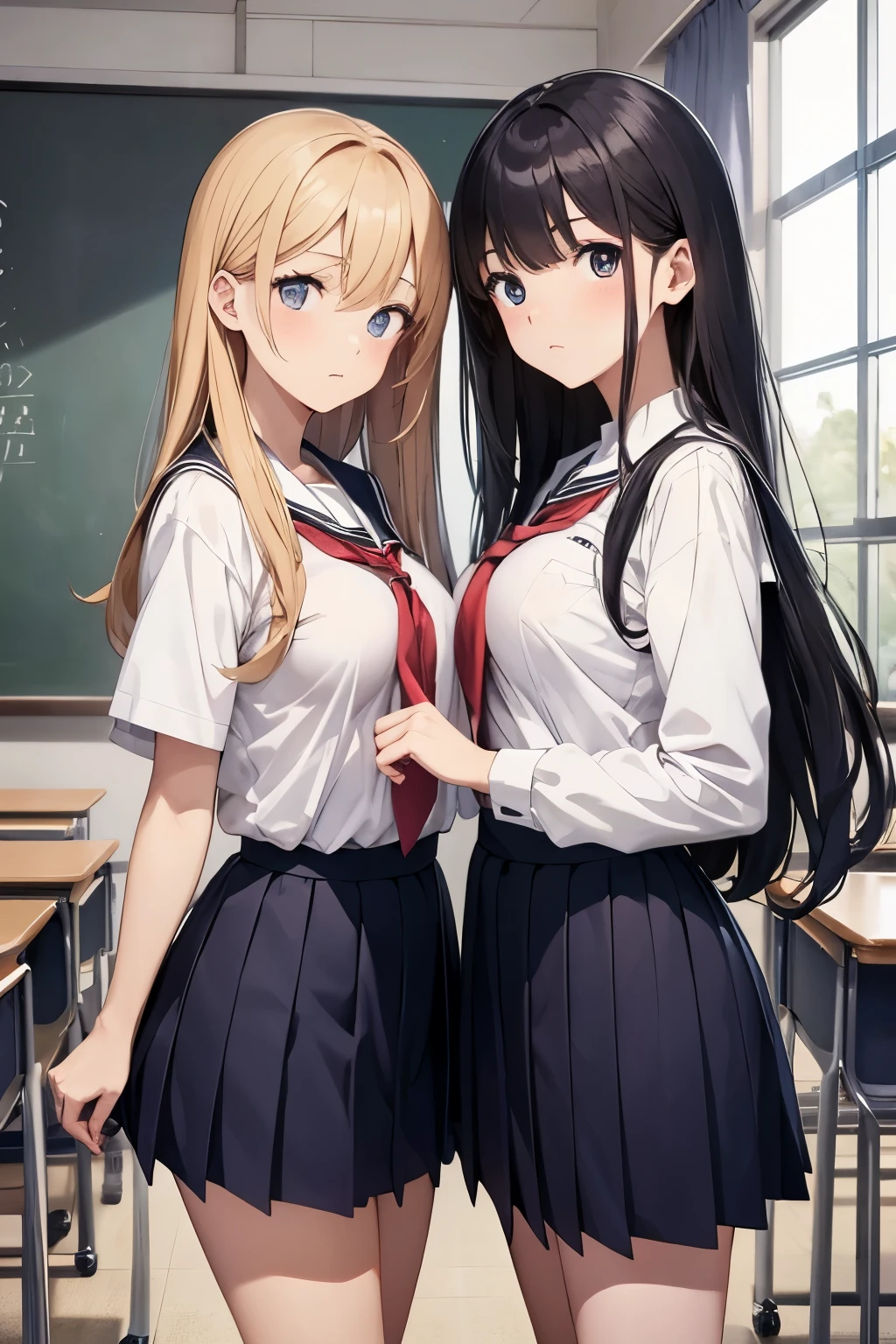 High quality, anime, whole body, two girls (a serious girl and an unserious girl), Japanese, cute, narrow space between the eyes, big eyes, small nose, big breasts, slender, school uniform, classroom , couple, play, skinship,