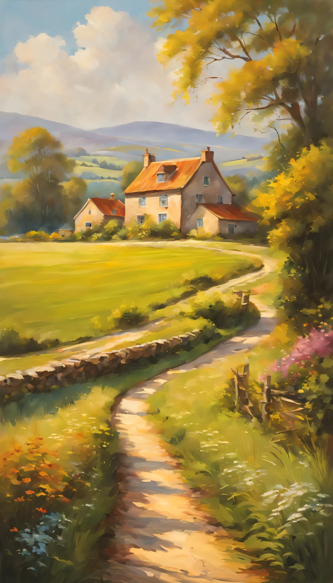 (best quality,realistic,highres:1.2),soft toned, oil painting,vivid colors,realistic countryside,fine brushwork,peaceful scene,detailed houses and trees,scenic countryside road,sunlit fields,tranquil atmosphere,artistic style,warm sunlight,lush greenery,rustic charm,homely cottages,serene landscape,subtle shadows,impressionistic strokes,beautifully textured buildings,bucolic setting,calm and quiet ambiance,subdued color palette,soft light and shadows,immaculate details,serenity captured,classic rural scenery,gorgeous countryside,harmonious composition,expressive brushwork,joyful and vibrant countryside,authentic and charming,meticulously painted textures,inviting and idyllic,romantic rural retreat,perfectly blended colors,peaceful and untouched nature,profound sense of nostalgia,invigorating and soothing,picturesque and dreamy,locals enjoying a leisurely life,timeless beauty,harmony between nature and human,tranquility and simplicity.