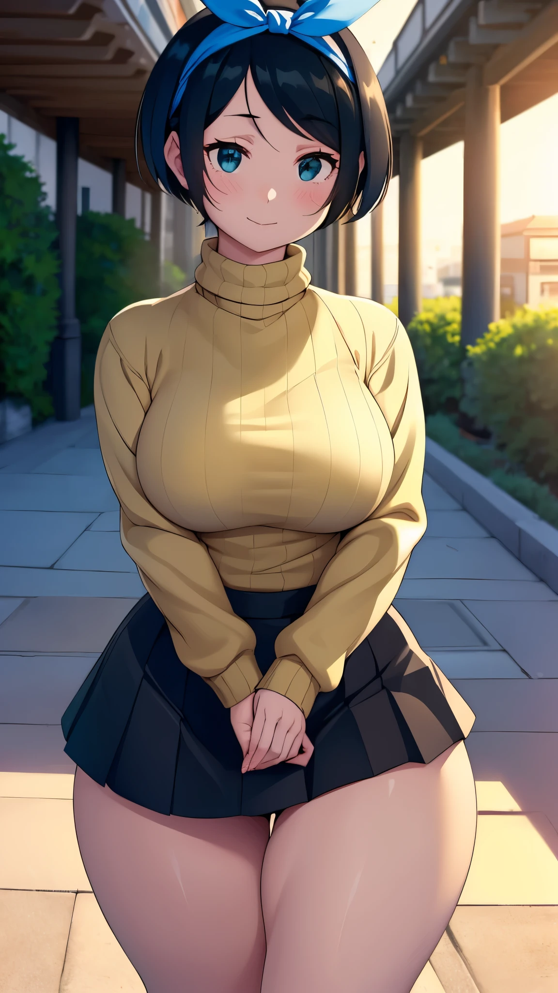 ((Masterpiece)), perfect anatomy, perfect shading, field of depth, (best quality), extremely delicate and beautiful, perfect lighting, detailed face, ultra cute face, cute, (cowboy shot 1.2), (((1girl))), ((solo)), looking at viewer,

((((Sarashina Ruka)))), ((blue hairband)), ((tan turtleneck sweater)), ((black pleated skirt)), ((blush)) sweet smile, medium breasts, perky breasts, (wide hips), ((thick thighs)), 

Japanese city, street, intricate background, detailed background, standing, 