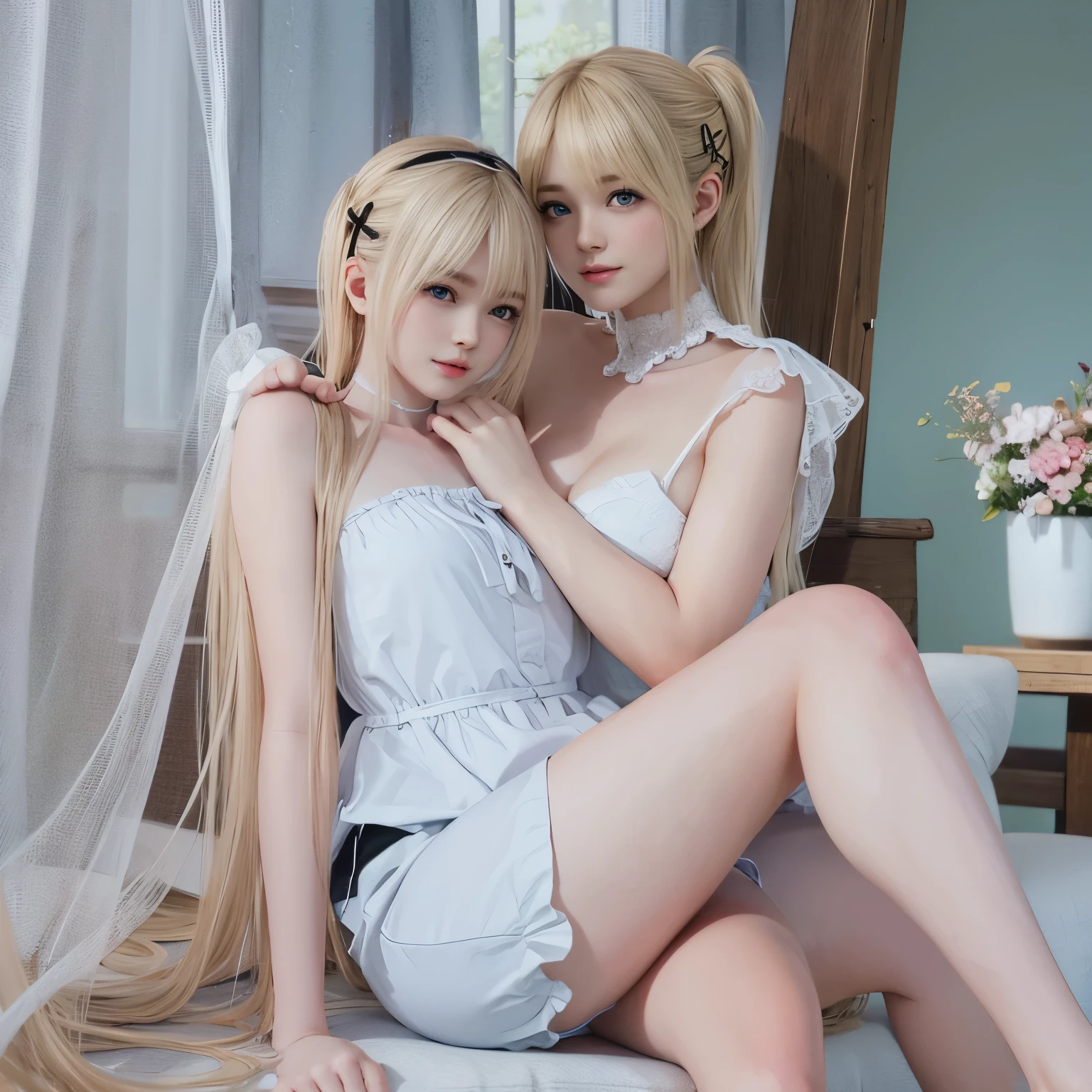 Marie rose, Blonde hair, 2 girlasterpiece:1.3), (8k, Photorealistic, RAW Photography, Best Quality: 1.4), (((2 girls))), (single head), A pretty girls with perfect figure, modest breasts, (breasts:1.5), Cute face, Beautiful Face, (Realistic Face), Realistic Eyes, (Realistic Skin), gaze at viewer, smile, movie lighting, face focus, fine eyes, detailed face, well lit face, sunny day, room background, 2girls, Twin girls, 2 adorable girls, Naked, Naked, Naked, Naked, Naked,