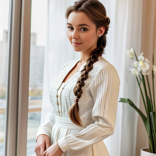 An image of a beautiful woman, Halo Braid hair style, slim with curves, spring season outfits, studio background, soft lighting, captured by {randomly selected} photographer. This image, characterized by its glamorous and elegant style that was recognized as a contest winner. It has been featured on CG Society. 