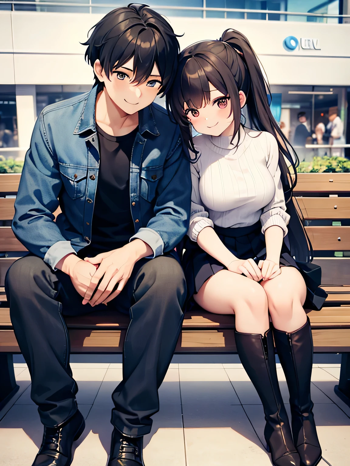(1) A male-female couple is hugging each other.
(2) The woman is wearing a sexy knit, pleated miniskirt and long boots.
(3) The man is wearing a jacket on top and denim on the bottom.
(4) The location is a bench in a shopping mall.
(5) The two are smiling with big smiles on their faces.