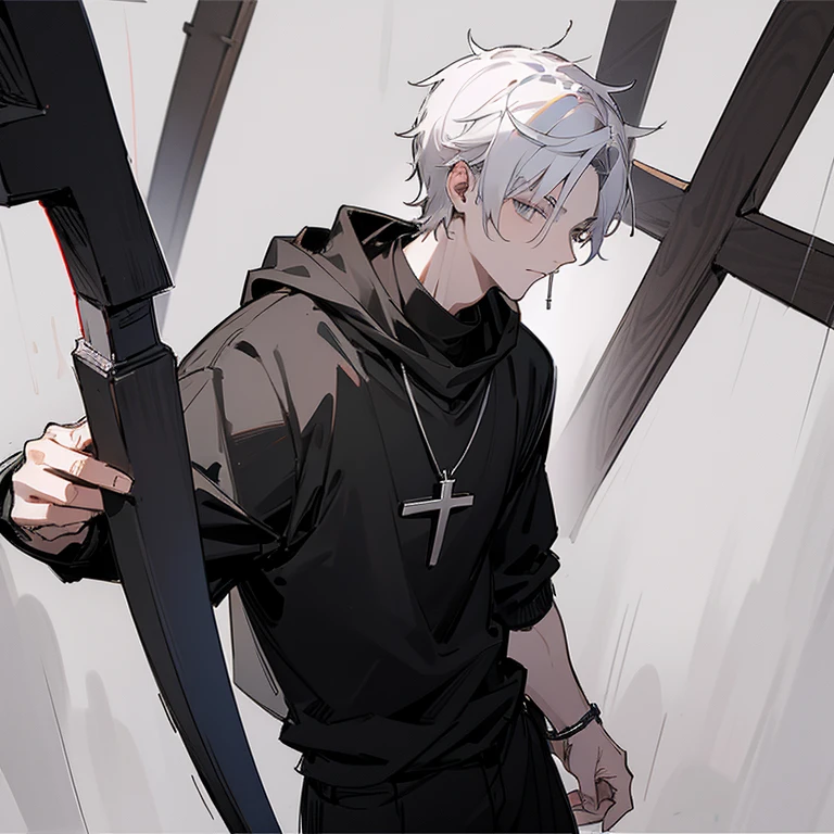 Drawing of a man with a black sweatshirt and a crucifix necklace around his neck digital art manga sketch