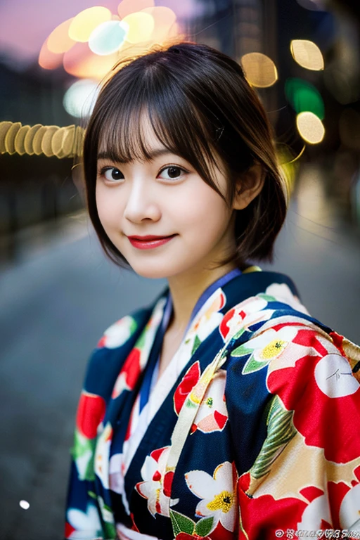 (8K、RAW photography、highest quality、masterpiece:1.2)、(realistic、Photoreal:1.37)、Ultra - High resolution、1 girl、cute、solo、night、sitting、date、(redness of the nose)、(laughter:1.1)、(closed)、big breasts、beautiful eyes、(short hair:1.2)、(((fireworks filling the sky、night)))、(((kimono、Yukata)))、cleavage on chest、perfect body、perfect fingers、professional lighting、japanese goddess、gravure、Detailed face and skin texture、detailed eye、RAW photo
