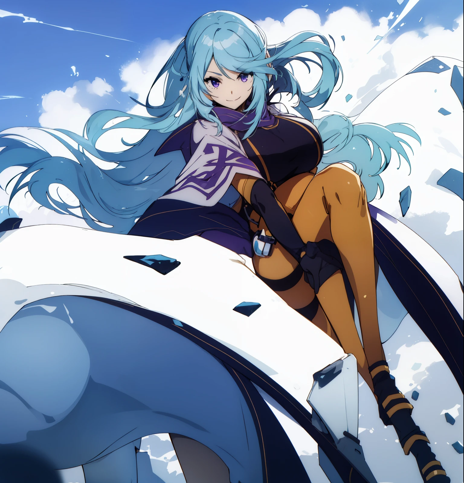 cel shading[ABCDhiccups:,(1 girl:1.2),aqua blue hair,Purple eye,big breasts,smile,throw