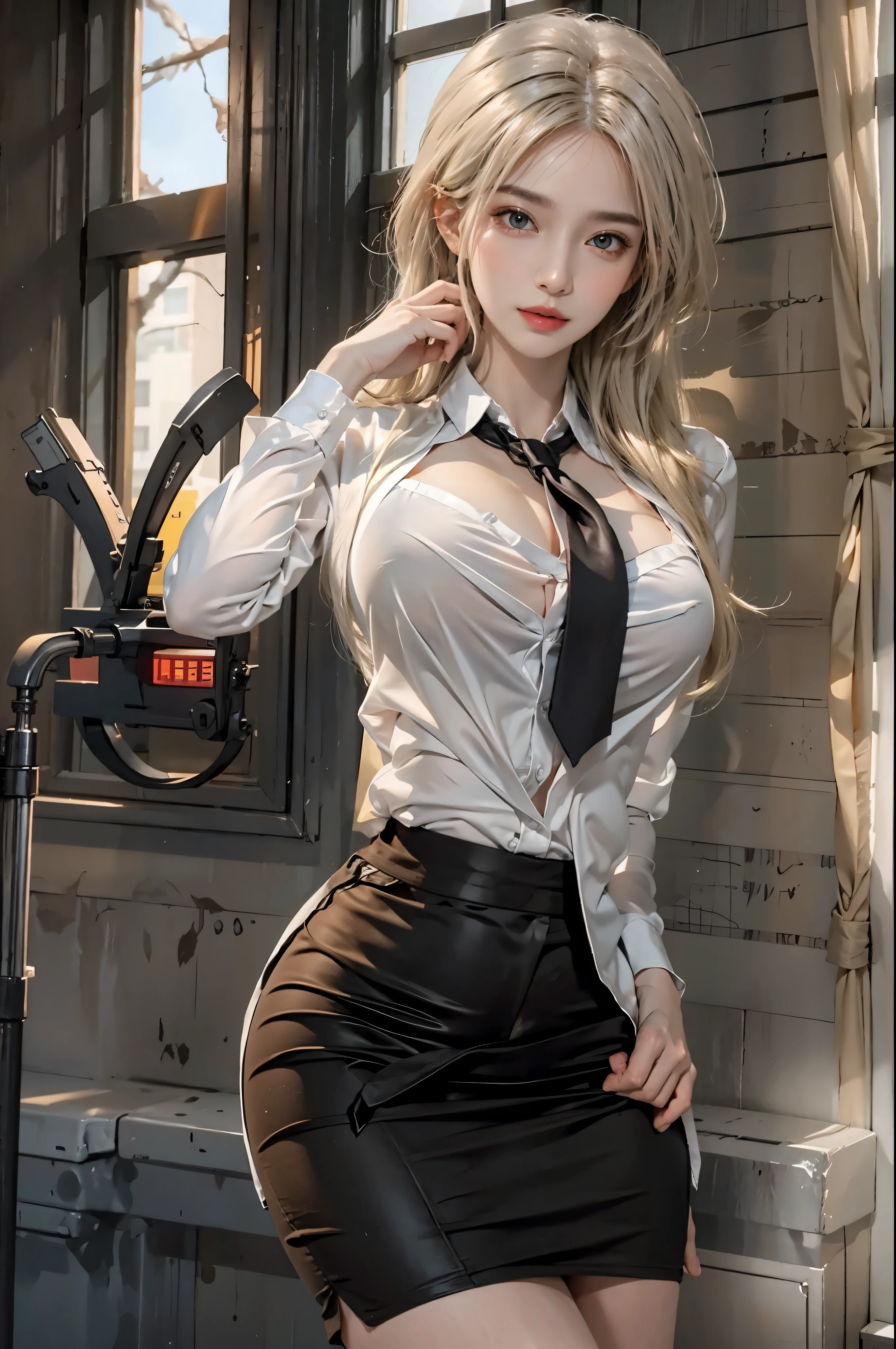 realistic, High resolution, soft light,1 female, alone, hip up, glowing skin, (detailed face),tattoo, jewelry, Secretarial Uniform, white shirt, black skirt, black stockings, garter belt, night, blonde hair, wavy hair, Beautiful Soldier, Eyes that invite the viewer, lover's perspective, an inviting look, sexy smile, perfect style, perfect balance, fine skin, naughty look, I can see your chest