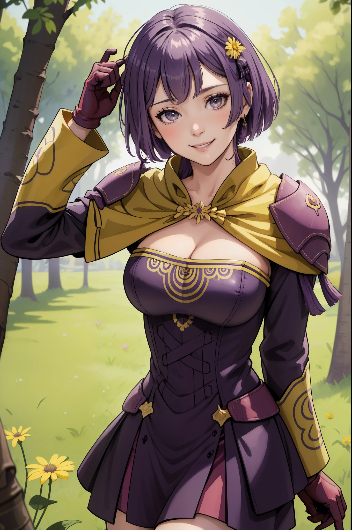masterpiece, best quality, warBernie, purple dress, cleavage, hair bow, yellow gloves, purple boots, looking at viewer, smile, cowboy shot, upper body, flowers, trees