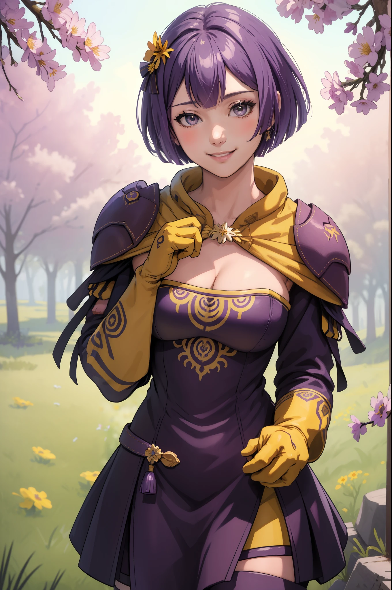 masterpiece, best quality, warBernie, purple dress, cleavage, hair bow, yellow gloves, purple boots, looking at viewer, smile, cowboy shot, upper body, flowers, trees  