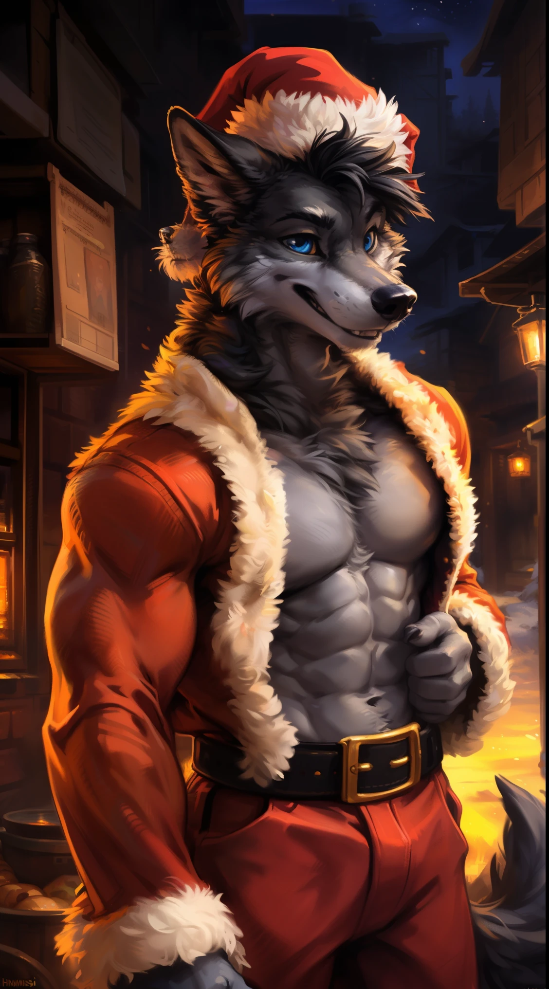 [Uploaded to E621.net; (Foxford), (pixel sketch), (mayonnaise)], (author：hioshiru、kenket and dimwitdog, Michael & Inessa Garmash, ruan jia, Pinodeheni, chunie), illustration,cel shadow, alone, Humanity, male, (gray wolf), ((gray body)), ((Intricately detailed fluffy fur texture)), ((black hair, short hair)), Thick black eyebrows, Karasumi, (blue eyes) , frown, ((wear)), Humanoid feet, (1tail), (Furry wolf tail), Handsome, Normal, alone, (Muscle tissue), (shadow), (delicate eyes:1.2), ((bust)), Sensual, ((Muscle tissue)), (muscular), ((Buffy body)), shirtless, (santa pants), (Black belt and gold buckle), Small raised, alley, full-body shot, stand tall, standing still, (Gray arms), (Gray hands), (rich and colorful:1.1), (bright colors:1), (bright colors:1), (胯部Small raised:1), (giggle), (happy), 2ear, (Wearing Santa's hat), ((Open Santa&#39;s coat:1))