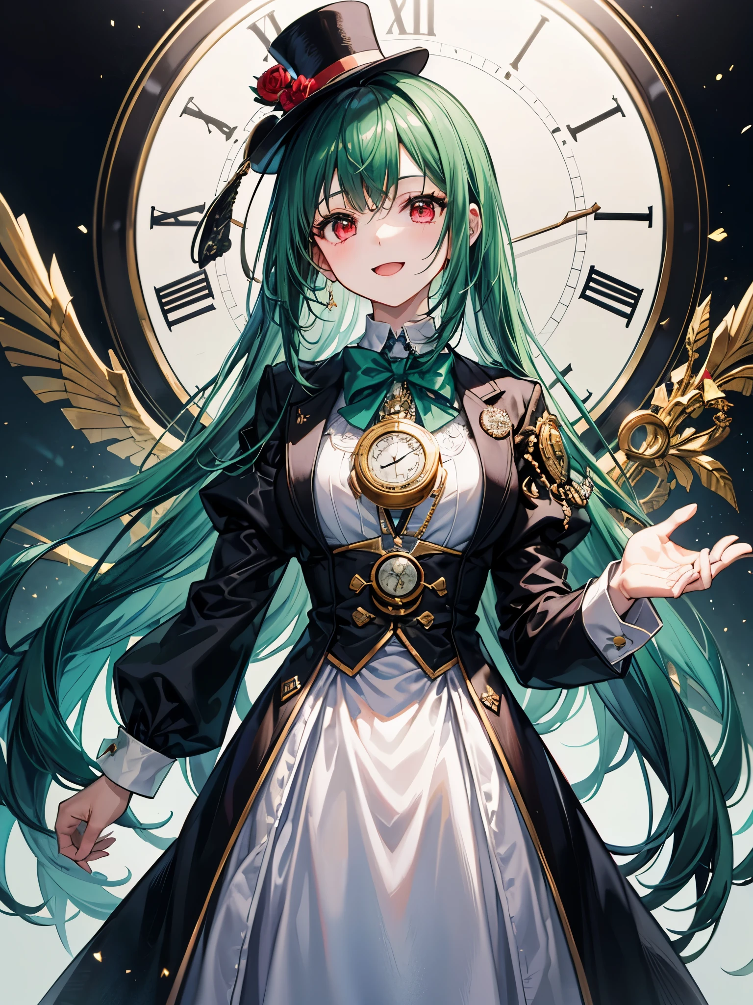 （（（masterpiece、Highest image quality、highest quality、highly detailed unity 8ｋwallpaper）））、（（Illustration of one girl、upper body））、（（（beautiful girl）））、（librarian）、（Emerald green hair、sidelocks：1.2、red eyes）、（（（crazy smile）））、monocle、pocket watch、（（（Black top hat、tuxedo）））、grand library