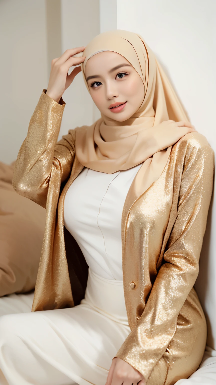 ((Realistic lighting, Best quality, 8K, Masterpiece: 1.3)), Clear focus: 1.2, 1 malay girl, Perfect body beauty: 1.4, Slim abs: 1.1, ((light gold hijab, Big breasts: 1.3)), (Wearing ultra-thin light gold transparent underwear: 1.4, light gold stockings: 1.2,), (Outdoor, night: 1.1), City streets, Super fine face, fine eyes, double eyelids, hands on the head, lying on the bed.