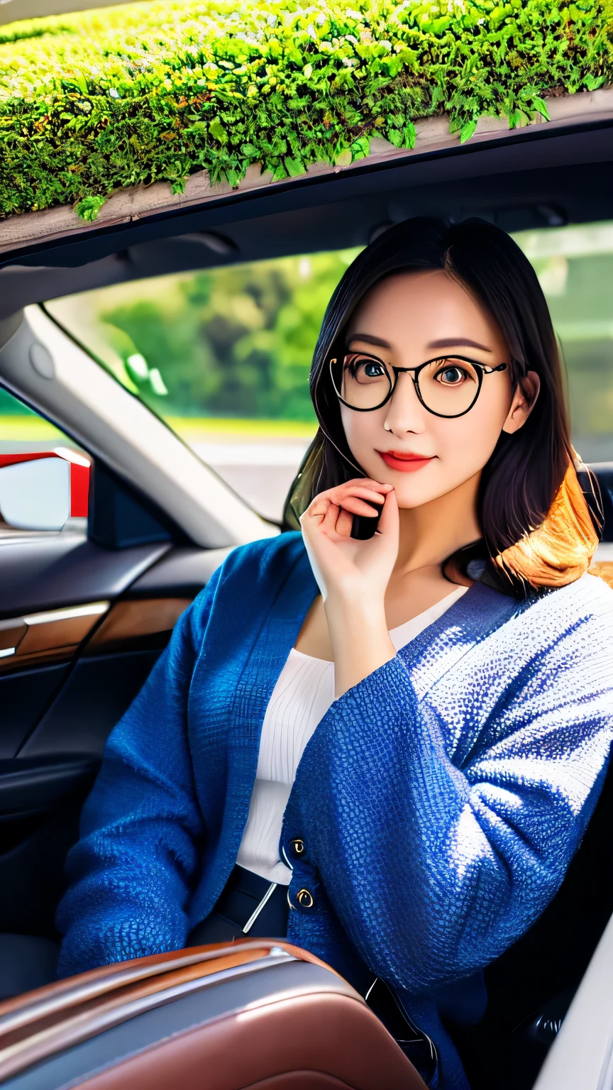 Hyper-Realism、(Photorealsitic:1.4)、8K maximum resolution, (masterpiece), highly detailed, Professional, best quality, Refined face, beautiful woman, beautiful face, idol face, full body, Cardigan, Driving shoes, Round glasses, Driving pose, Excited expression