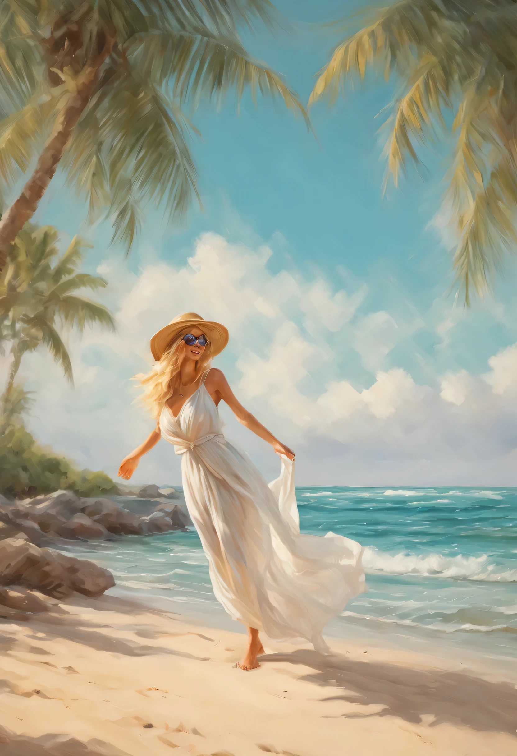 (best quality,4k,8k,highres,masterpiece:1.2),ultra-detailed,(realistic,photorealistic,photo-realistic:1.37),photographic print,beautiful blonde woman,beach,crystal clear water,sandy shore,gentle waves,rays of sunlight,summer breeze,tropical paradise,serene ambiance,vibrant colors,playful expression,wind-blown hair,tanned skin,beach hat,sunglasses,flowing dress,rustling palm trees,picture-perfect moment,warm golden hour,soft and dreamy atmosphere,ethereal beauty,powerful yet gentle nature,sandy footprints,joyful laughter,swinging hammock,seashells collection,tranquil horizon,seagulls soaring,swimming in turquoise waters,paradisiacal escape,relaxation and rejuvenation,memorable beach vacation,irresistible charm,exquisite details,everlasting summer memories,perfectly captured emotions,seaside getaway,blissful paradise,beauty in simplicity,colorful beach towel,beach umbrella providing shade,endless horizon,peaceful seclusion,unfading beauty,serenity enveloping the scene,exquisite contrast between sky and sea.