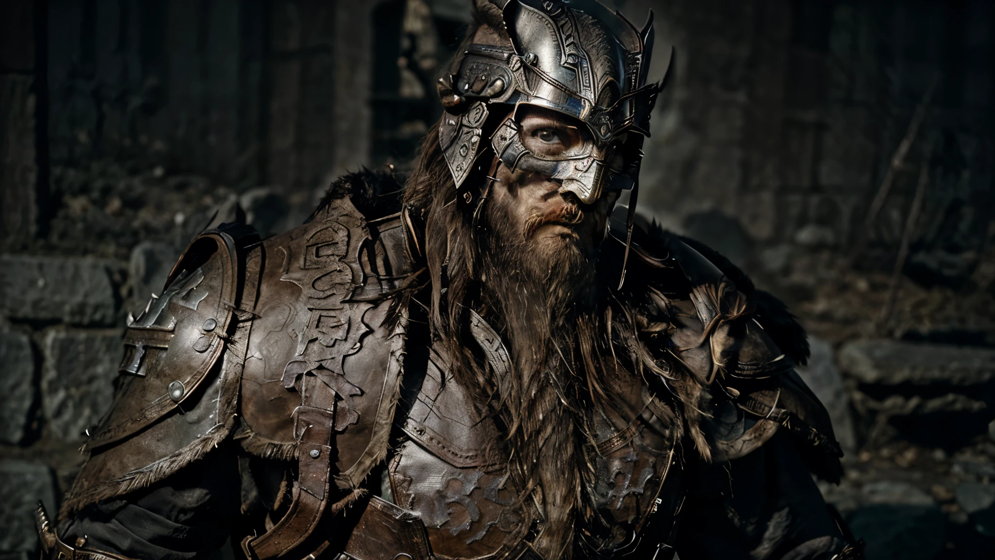 white man, long Viking style beard, skyrim style helmet, leather costume, face photo, perfect eyes, perfect skin, ultra realistic, 4k, dark environment, fog, medieval.
