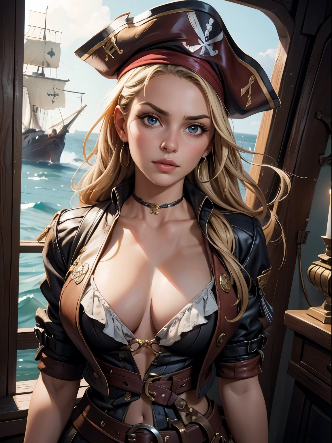 (8k, best quality, masterpiece:1,2), (realistic, photo-realistic:1,37), top quality, masterpiece, 1girl, solo. a beautiful woman, styled like a pirate, complete with pirate accessories, cleavage, being on a pirate ship, cinematic, very strong detail,