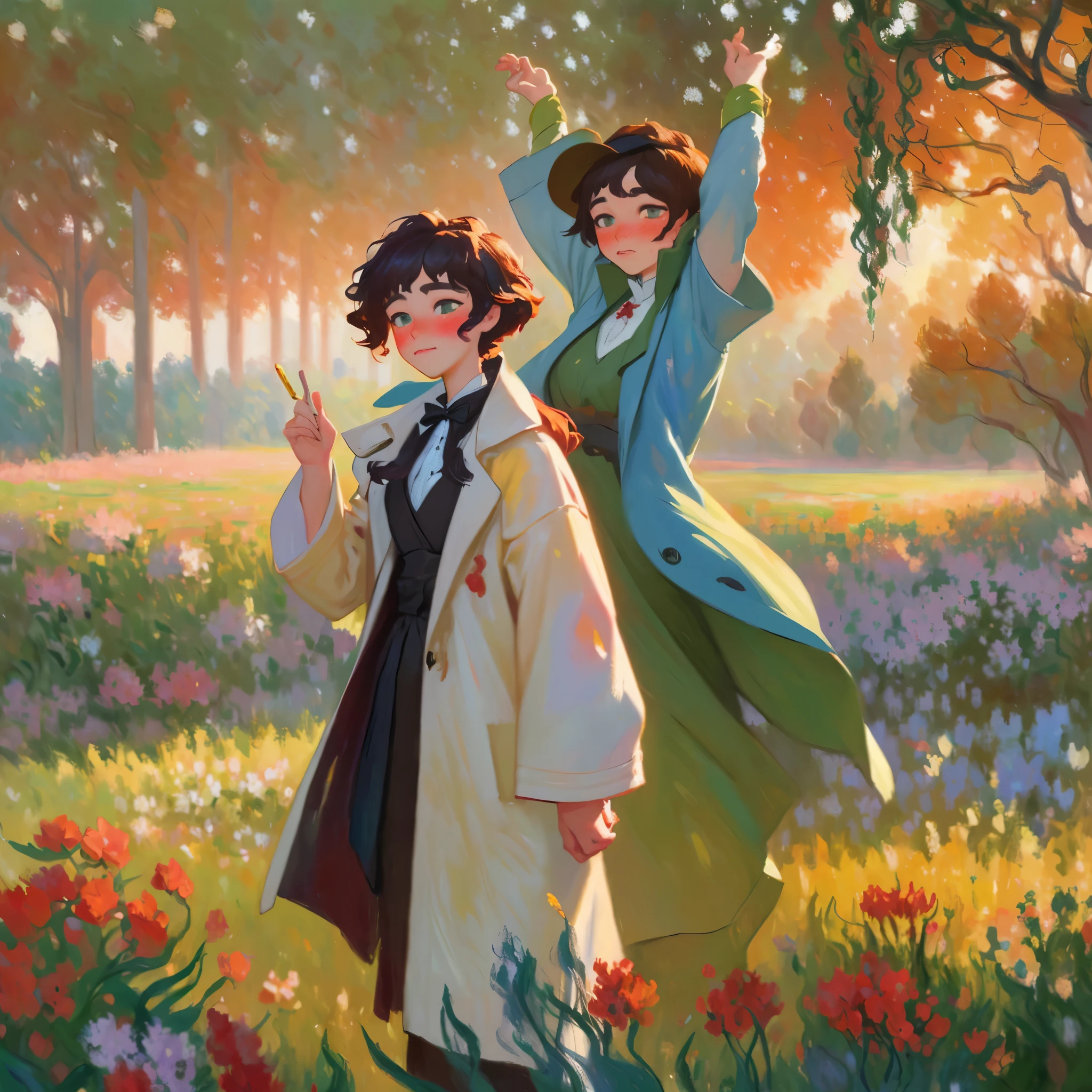 girl,nose blush,overcoat,stretch,dusk,grove,flower field,opal render,((dyeing)),((oil painting)),((impasto)),((Monet style)),Cinematic Lighting,lens flare