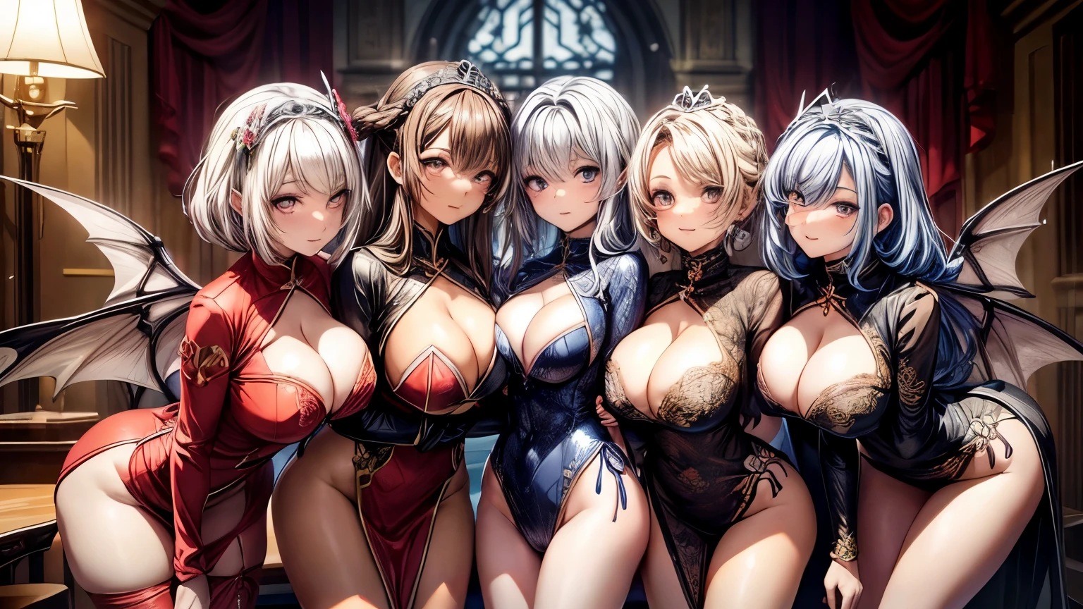 (masterpiece, highest quality、detailed、anime 2.5D), ・Background(luxury)·composition(2 succubi、Standing side by side on all fours、looking at the viewer)·face(beautiful woman、Moles next to the eyes、顔detailed、smile)・Costume(gorgeous、China dress、tiara、nipple cusp)·Body(Muchimuchi、Pichi pichi、Purupuru、big breasts、butt、)・Hairstyle(silver hair、short hair、Braiding hair、Forehead、Foreheadにアクセサリー)