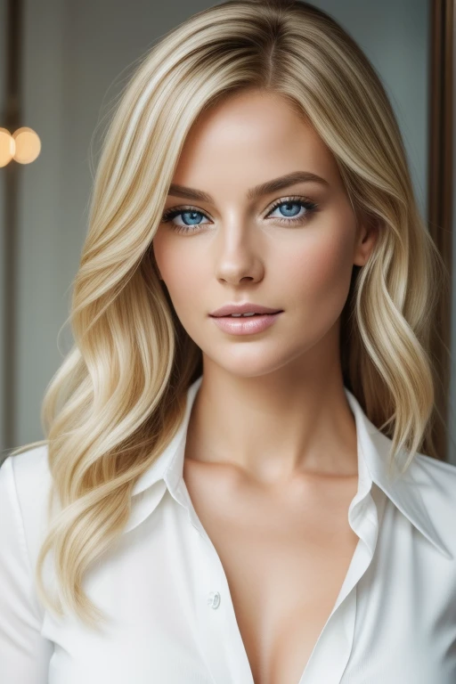 A real full body image of an European woman, age 35, with messy hair and blonde highlights, boasts beautiful blue eyes and an exquisite face. Dressed formally in a brown long skirt and white shirt with an open collar, the high quality image captures every intricate detail of her form.
Her eyes radiate charm and allure, as the image showcases their natural beauty. The image presents a clear, sharp focus, bringing every pore and texture of her skin to life. The blonde highlights catch the light, adding a luminous glow to her disheveled yet alluring hair. This stunning full body picture conveys the elegance and sophistication of a woman at