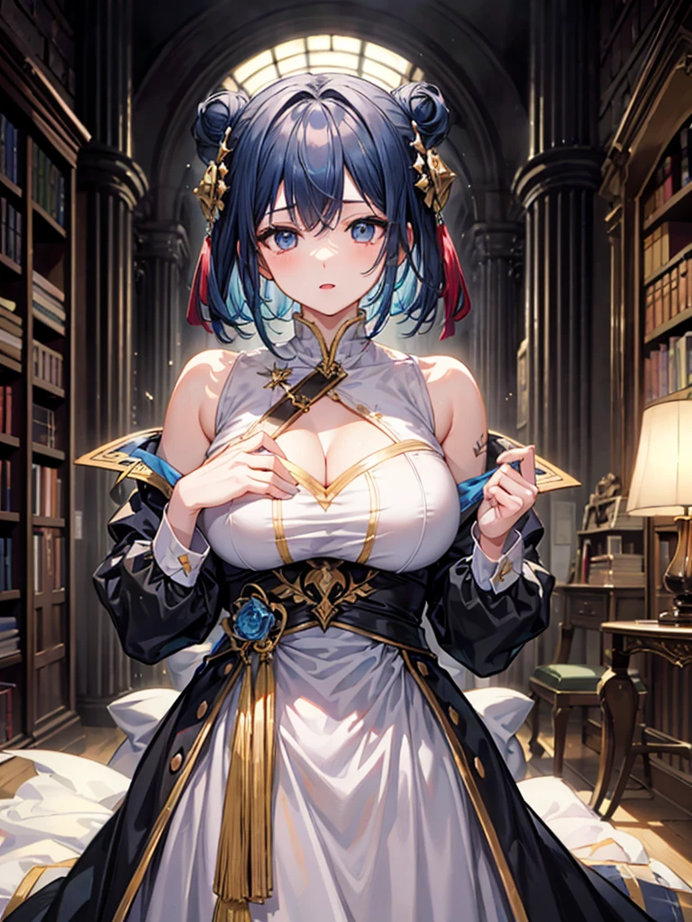 （（（masterpiece、Highest image quality、highest quality、highly detailed unity 8ｋwallpaper）））、（（Illustration of one girl、upper body））、（（（beautiful girl）））、（librarian）、blue hair、（stocky build, thickset physique：1.3, broad shoulders, solid chest）、big breasts、librarian服、grand library