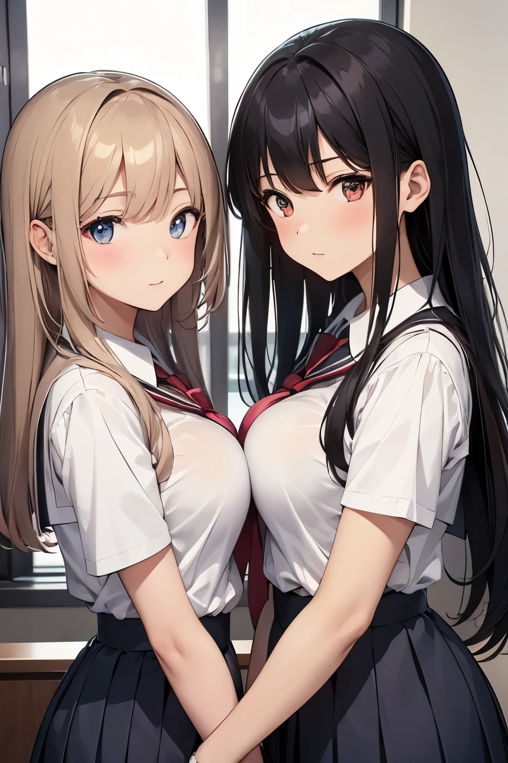 High quality, anime, whole body, two girls (a serious girl and an unserious girl), Japanese, cute, narrow space between the eyes, big eyes, small nose, big breasts, slender, school uniform, classroom , couple, play, skinship,