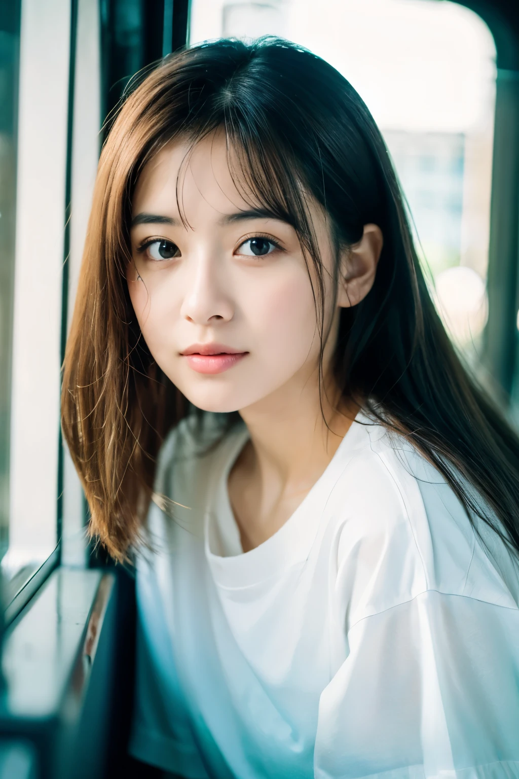 (8K, RAW photo, highest quality, High resolution:1.1), (hyperrealistic:1.4),(realistic, photorealistic:1.3), soft light,realistic face,realistic body,realistic skin,disorganized,masterpiece,(cute:1.8),(leaning forward:1.8),(From above:1.2),(close:1.4),crawl on all fours,throw,( Detailed white loose t-shirt:1.2),(Beautiful breasts:0.9),(long hair,ponytail),(big:1.2),cleavage,fine black eyes,innocent eyes,droopy eyes,Watery eye,open lips,blush,good style,cinema light,film Grain,close,look viewer,full Body,Depth of field, blurred background,Eye focus,young,85mm lens, f/ 1.4,professional lighting,portrait,photon mapping,radio city,Physically based rendering,Transparency,Day本の女の子,Day,Sunny,outdoor