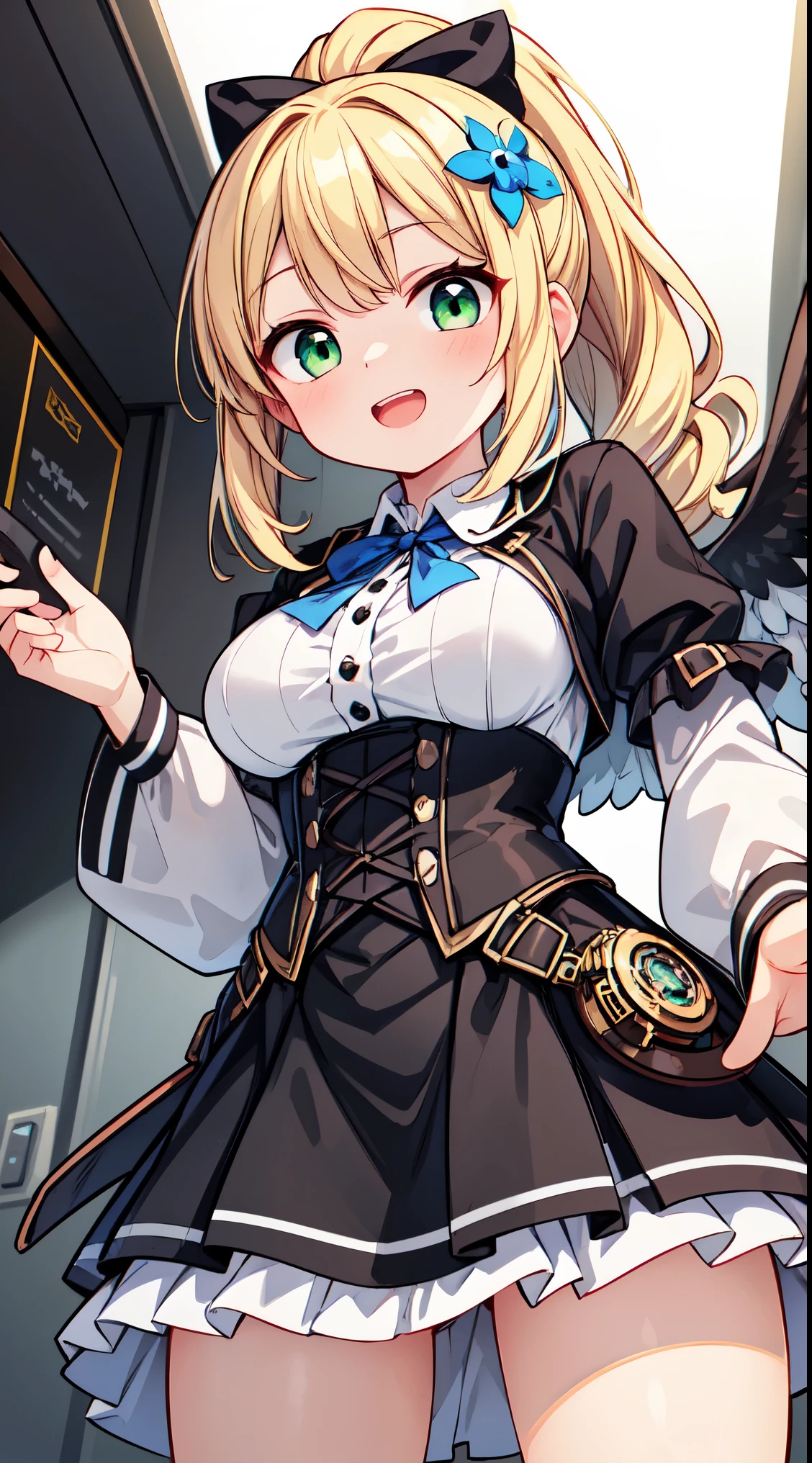 (8k, best quality, masterpiece:1.2),(best quality:1.0), (ultra highres:1.0), watercolor,


BREAK, 1 beautiful girl, girl, (cute:1.5),(Little:0.5),(cute:2.0),(change:2.0),(12 year old girl),(big breasts:1.65),(chin hair,blonde,blue bow,green eyes,Eyebrows visible through the hair,side lock,long hair with bangs parted, hair flower, hair ornaments, big ribbon in hair, curly hair, ponytail:1.6),:he, white feathers, one thin white wing, Ang he wings, spread your wings, shining wings),pit \black},glowing skin, beautiful skin, Shining beautiful skin, open your mouth, bashful smile, alone, tooth, upper teeth,(long eyheashes, double eyheids:1.2),alone, glowing skin, beautiful skin, Shining beautiful skin,(highest quality face),(highest quality shining eyes),
BREAK, train,station,(a girl), platform, snow, BREAK, (steampunk-inspired motif:1.33), smoky lace, brown corset, (closed collar long-sleeved blouse:1.2) heavy coat with black frills, a volumey pannier under a (long skirt:1.3), lace ruffle socks, top hat, goggles, lace-up boots, leather glove, steampunk-items,


BREAK,wakame,wakame,wakame,(Cowboy Shot,from below:1.4), 


BREAK,(Blurry background:1.3),(absurderes, hight resolution, Super Detail Art),cel shading,Clear Color, Lonely optical effect, Beautiful pictures, Bright glow, mystic atmosphere,(Close-up of girl:1.1), Mystical light particle effect,manga influence, clean line drawings, 