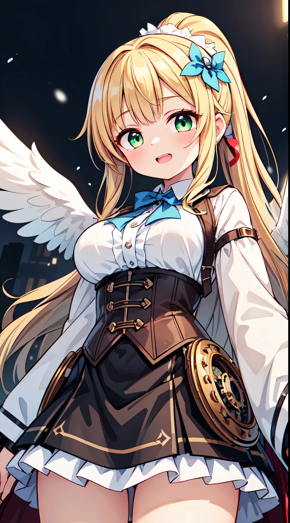 (8k, best quality, masterpiece:1.2),(best quality:1.0), (ultra highres:1.0), watercolor,


BREAK, 1 beautiful girl, girl, (cute:1.5),(Little:0.5),(cute:2.0),(change:2.0),(12 year old girl),(big breasts:1.65),(chin hair,blonde,blue bow,green eyes,Eyebrows visible through the hair,side lock,long hair with bangs parted, hair flower, hair ornaments, big ribbon in hair, curly hair, ponytail:1.6),:he, white feathers, one thin white wing, Ang he wings, spread your wings, shining wings),pit \black},glowing skin, beautiful skin, Shining beautiful skin, open your mouth, bashful smile, alone, tooth, upper teeth,(long eyheashes, double eyheids:1.2),alone, glowing skin, beautiful skin, Shining beautiful skin,(highest quality face),(highest quality shining eyes),
BREAK, train,station,(a girl), platform, snow, BREAK, (steampunk-inspired motif:1.33), smoky lace, brown corset, (closed collar long-sleeved blouse:1.2) heavy coat with black frills, a volumey pannier under a (long skirt:1.3), lace ruffle socks, top hat, goggles, lace-up boots, leather glove, steampunk-items,


BREAK,wakame,wakame,wakame,(Cowboy Shot,from below:1.4), 


BREAK,(Blurry background:1.3),(absurderes, hight resolution, Super Detail Art),cel shading,Clear Color, Lonely optical effect, Beautiful pictures, Bright glow, mystic atmosphere,(Close-up of girl:1.1), Mystical light particle effect,manga influence, clean line drawings, 
